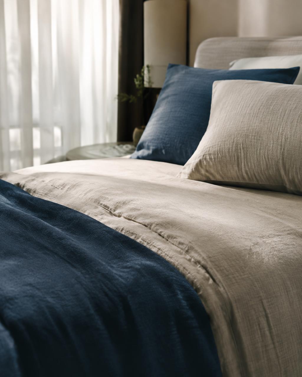 Linen bedding in soft morning light