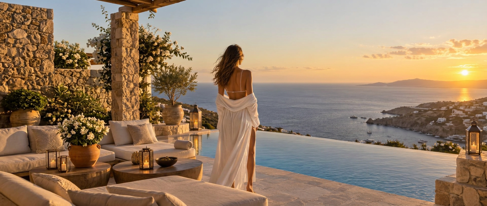 Guest in a white robe on a luxury resort terrace at golden hour, with the lounge seating, infinity pool and ocean bay beyond